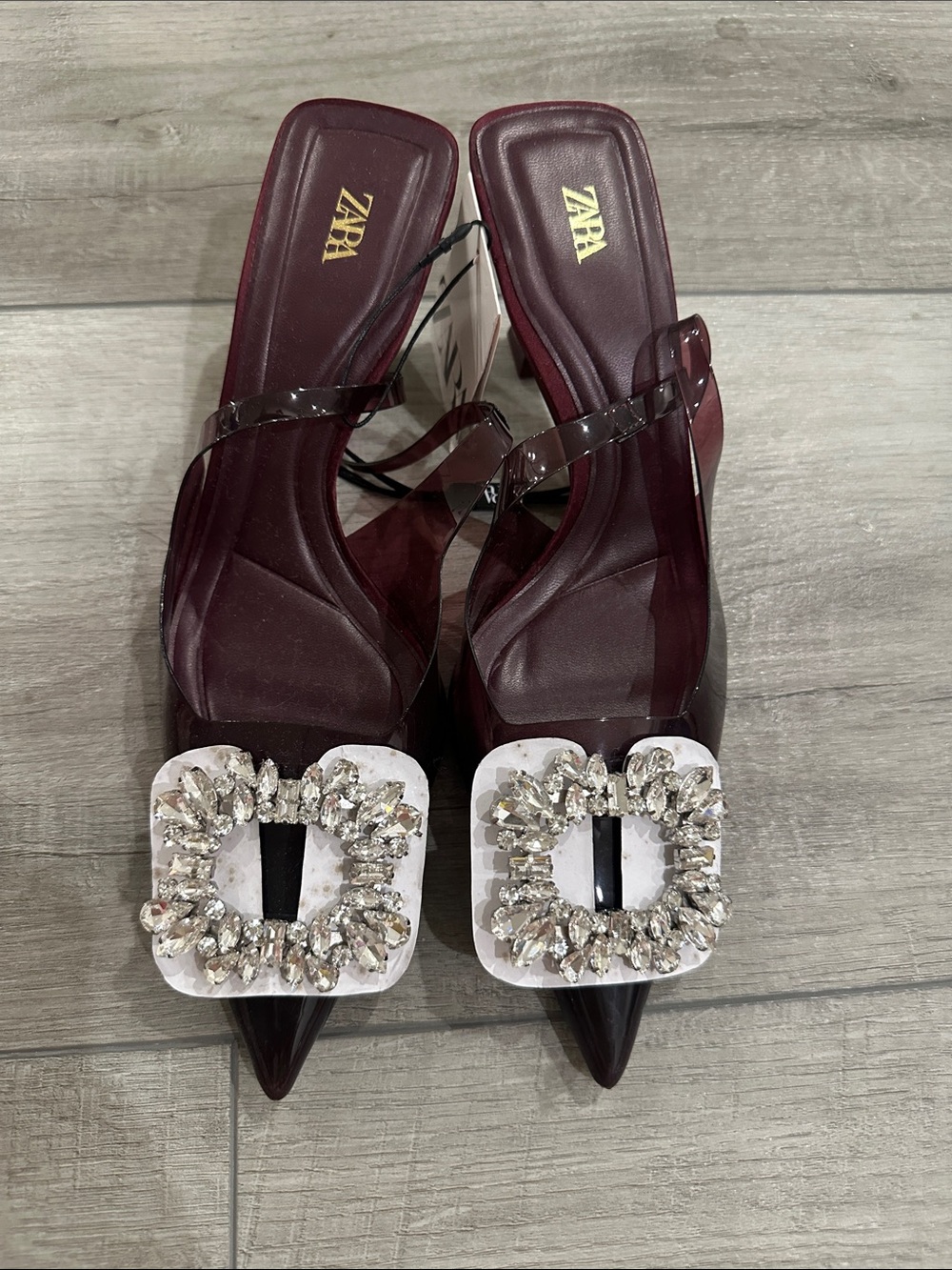 ZARA Burgundy Pointed Toe Crystal Buckle Slingback Mules